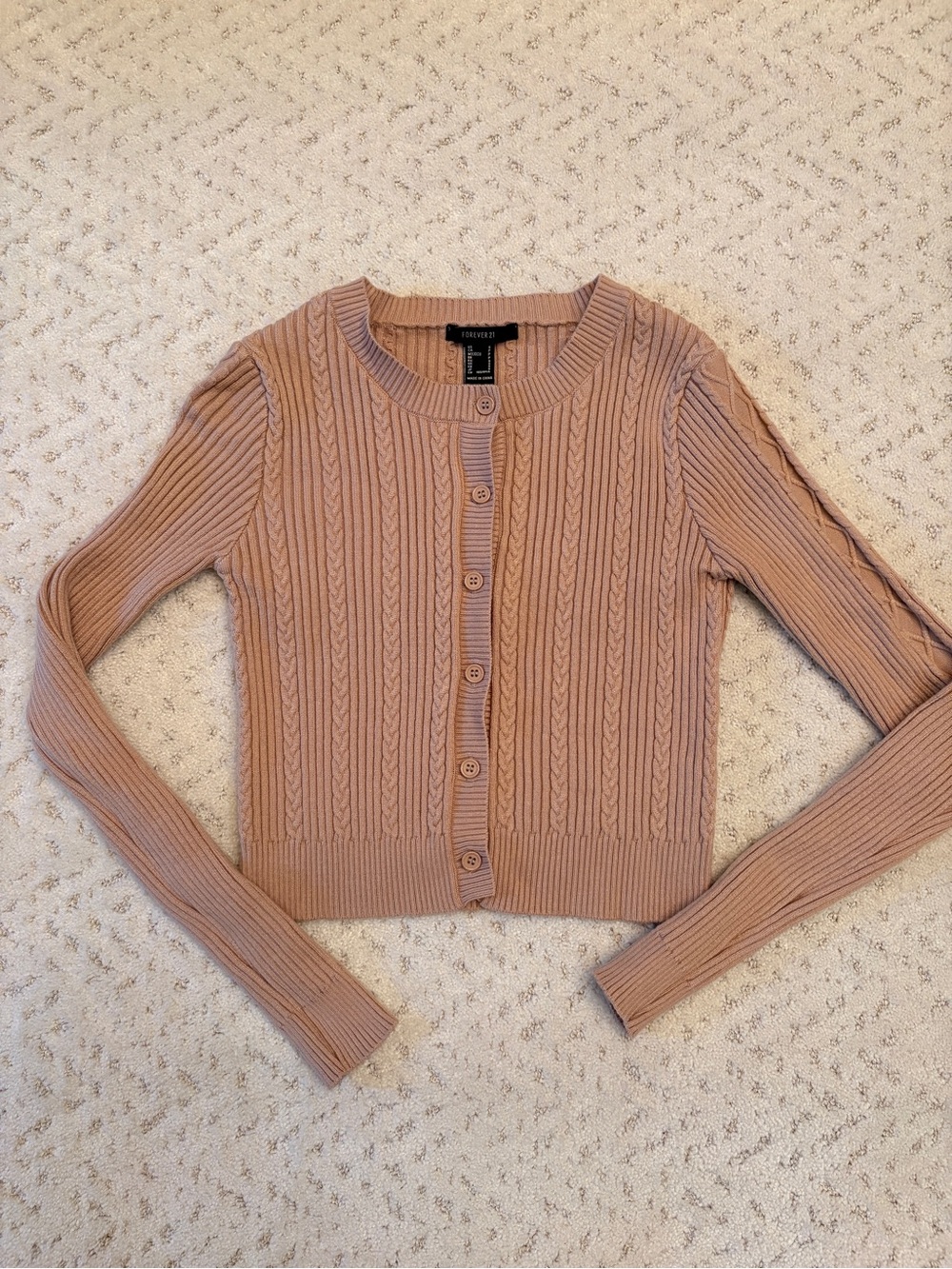 Forever 21 Cropped Cardigan Sweater Size S Cable Knit Mocha Tan Ribbed Academia